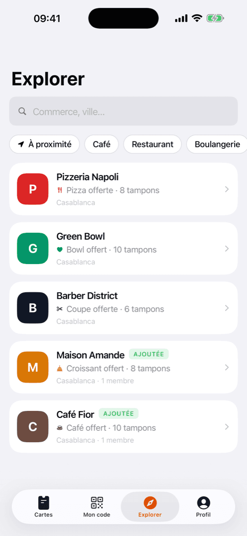 L’onglet Explorer avec les commerces à proximité